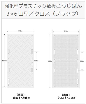 【こうじばん】強化型プラスチック敷板 1830 x 915mm (３×６) 山型／クロス ブラック 2枚組 [KB36-YC1]　120トン車対応 連結穴 手持ち穴 工事現場 仮設通路 重機 車両 足場 高強度 耐久性 運搬 高密度ポリエチレン タイヤスリップ防止 敷板 リバーシブル 軟弱地 舗装路