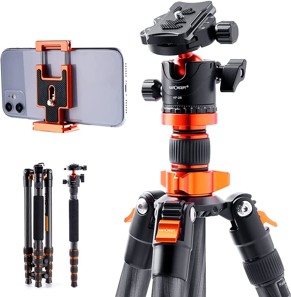 KF Concept カーボン カメラスマホ 三脚 超軽量 コンパクト 5段 一脚可変式 中心軸反転 360度回転自由雲台 予備用クイックリリースプレート耐荷重10kg SA255C1