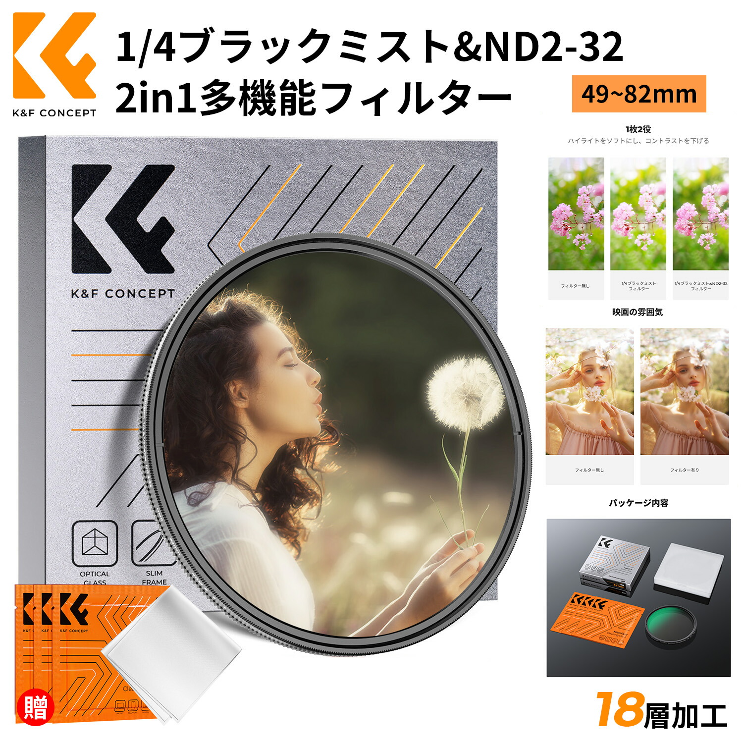 限定10％OFFxP5倍!!　 49-82mm 1/4ブラックミスト&ND2-32フィルター 多機能フィルター 2in1 一枚二役 ソフト効果+減光効果 可変NDフィルター ソフトフィルター 18層ナノコーティング（Nano-Klear）