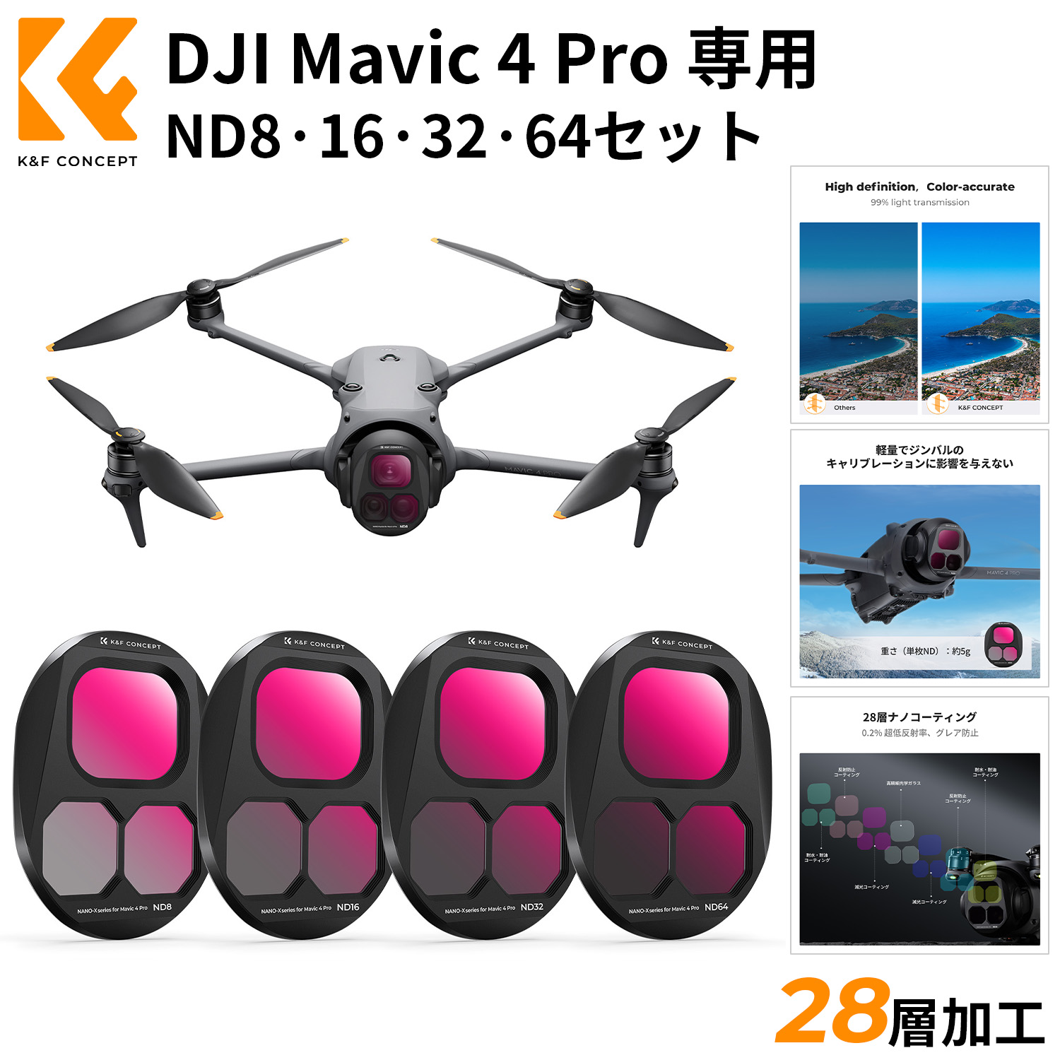 Max12%OFF!! K&F Concept DJI Mavic 4 Pro 専用NDフィルター セット (ND8/ND16/ND32/ND64) 保護 減光フィルター 軽量設計 28層コーティング プロ級画質向上 風景/動画撮影に最適