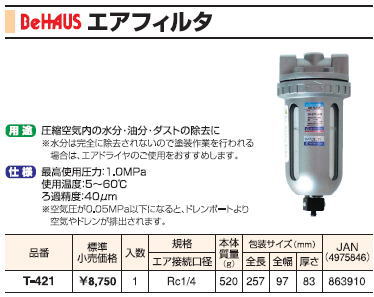 新潟精機 BeHAUS エアコンプレッサー用エア湖水漉し T-421 水分、油類、砂ぼこりの取りあげるに