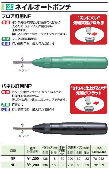 楽天市場 新潟精機 ネイルオートポンチ フロア釘用nf ケンチクボーイ