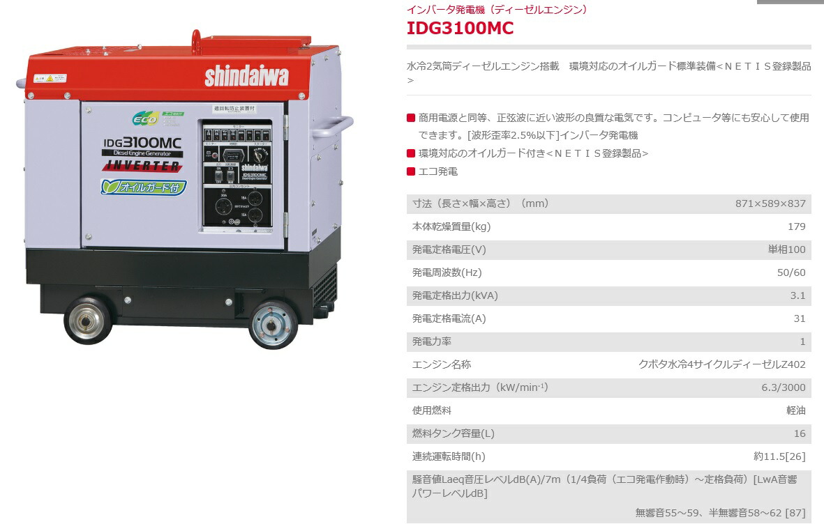 楽天市場 インバーター発電機 ディーゼルエンジン やまびこ 新ダイワ Idg3100mc Idg3100mc 建材ステーション
