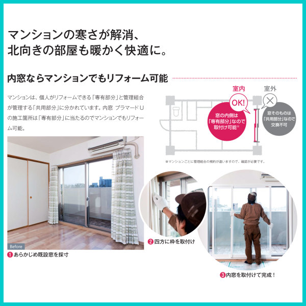 二重窓内窓プラマードUYKKAP3枚建突合せタイプ(単板ガラス)透明3mmガラスW2801~2900H2001~2100mm各障子のWサイズをご指定下さい