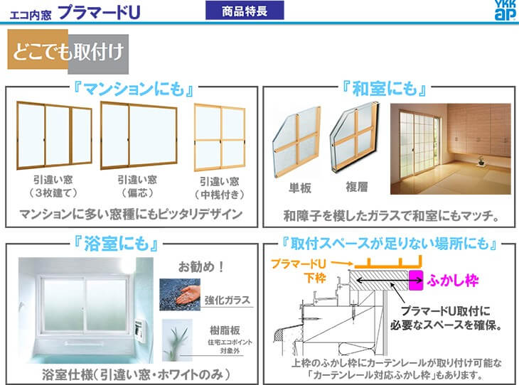 二重窓内窓YKKapプラマードU2枚建引き違い窓浴室仕様タイル納まり強化単板ガラス透明4mm型4mmW幅1501〜1860H高さ801〜1200mmYKKサッシリフォームDIY