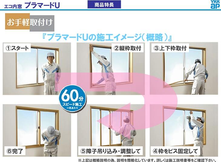 二重窓内窓YKKapプラマードU2枚建引き違い窓浴室仕様タイル納まり強化単板ガラス透明4mm型4mmW幅1501〜1860H高さ801〜1200mmYKKサッシリフォームDIY