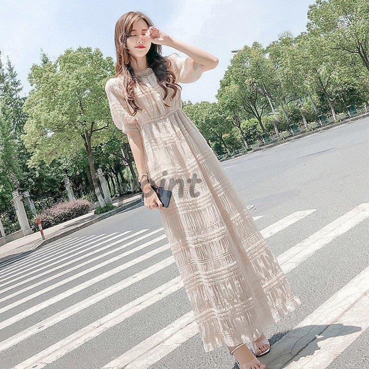 マキシワンピース レデイース シフォン 半袖 プリーツ 夏 ロング丈 ボートネック きれいめ 大きいサイズ 韓国風 フレア 着痩せ オシャレ 30代 40代 50代｜KENZOファッション店