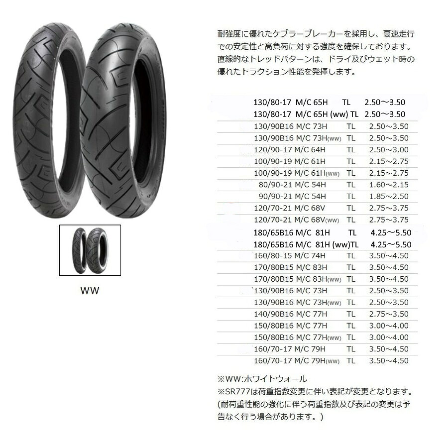 180/65B16 M/C 81H TL Shinko SR777 リア タイヤ