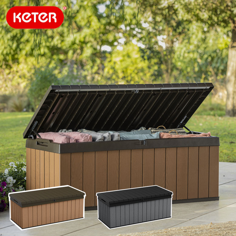 KETER Denali デナリ 【送料無料 】ベンチにもなる強度の屋外収納ボックス 屋外収納 380L デッキボックス ケター 座れる 木調 樹脂製  ストレージ ストッカー ガーデン収納 収納庫 物置 バルコニー テラス ゴミ収納 組立式 おしゃれ デザイン | ガデアメ
