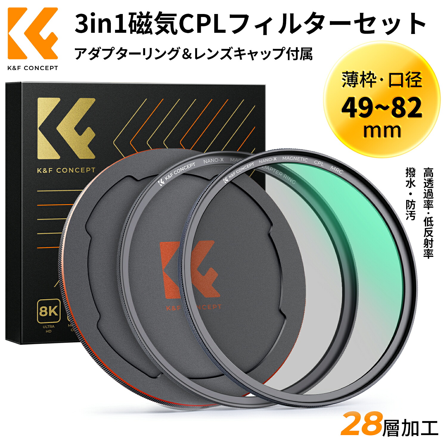 P5倍+最大10％OFF!! マグネットCPLフィルター+レンズキャップセット 49.82mm 磁気吸着 装着便利 日本製AGC光学ガラス サーキュラー コントラスト 反射調整用 28層ナノコーティング 超薄型 撥水防汚キズ防止 風景撮影のレンズフィルター