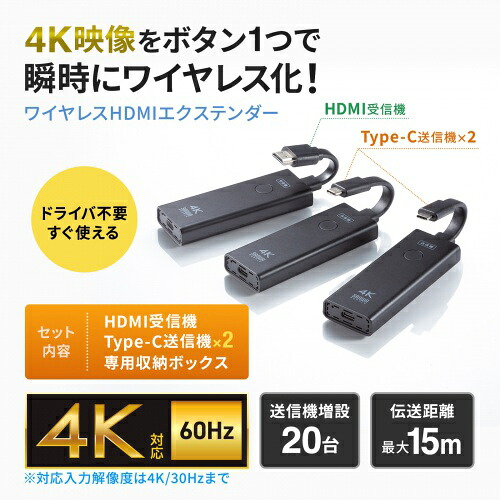 サンワサプライ 4K相応う無線電話HDMIエクステンダー (Type-C変速機機2台・納めるBOX書き割り) VGA-EXWHD12CSET