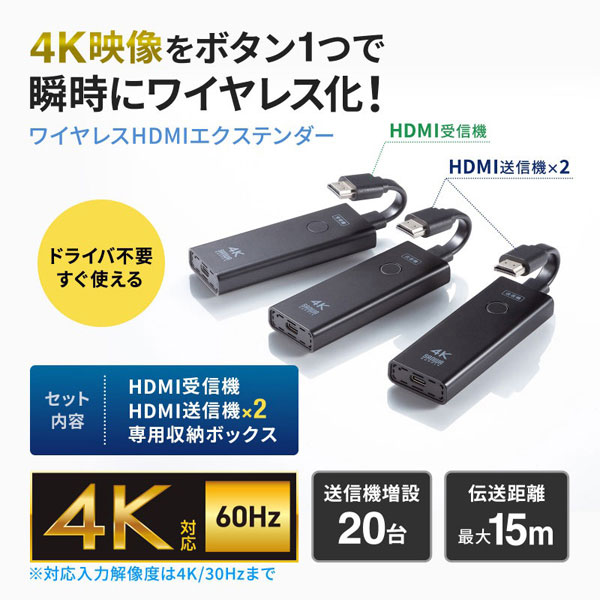 サンワサプライ 4K対応ワイヤレスHDMIエクステンダー (HDMI送信機2台・収納BOXセット) VGA-EXWHD12SET|工具屋「まいど!」