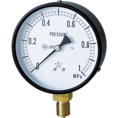 右下 一般圧力計(A枠立型・φ100) 圧力レンジ0~0.16MPa G411-211-M-0.16MP|工具屋「まいど!」