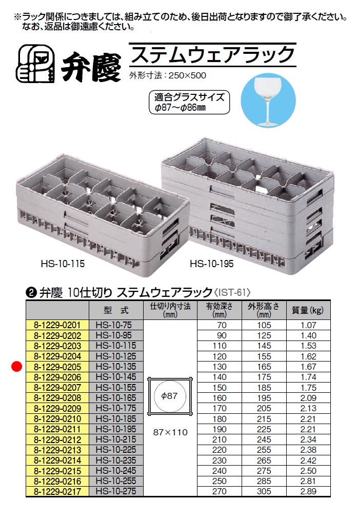 第一ネット グラスラックHS-18-135ハーフサイズ ステム用 BK 業務用