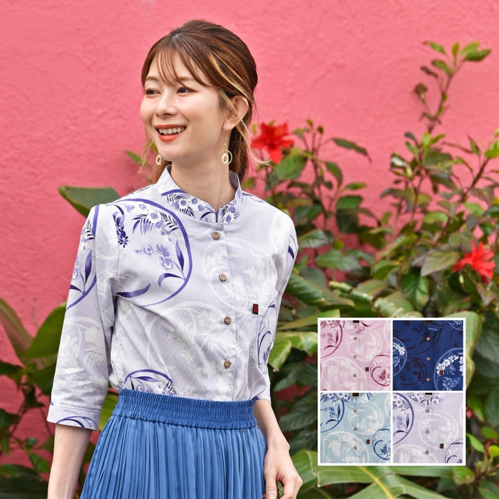 売れ筋商品|||かりゆしウェア ニットシャツ レディース ラインハイビ柄 シャツカラー リゾートウェディング 結婚式 ギフト プレゼント 母の日 送料無料 em1159-1.jpg
