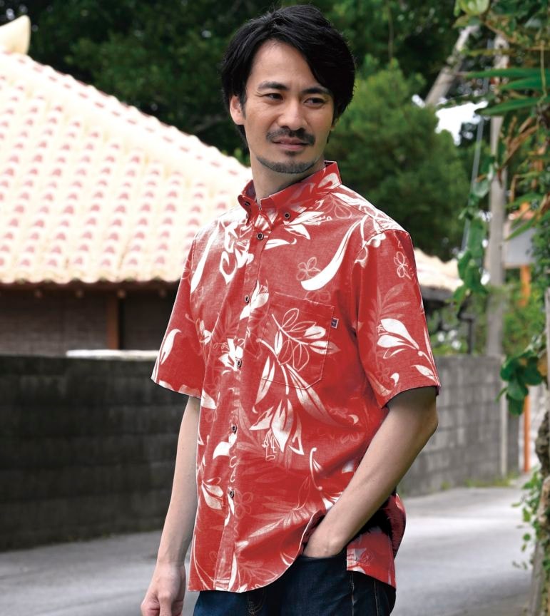 手作りのポリエステル反物メンズかりゆしウェアＬサイズ　ブラウン 手作りのポリエステル反物メンズかりゆしウェアLサイズ