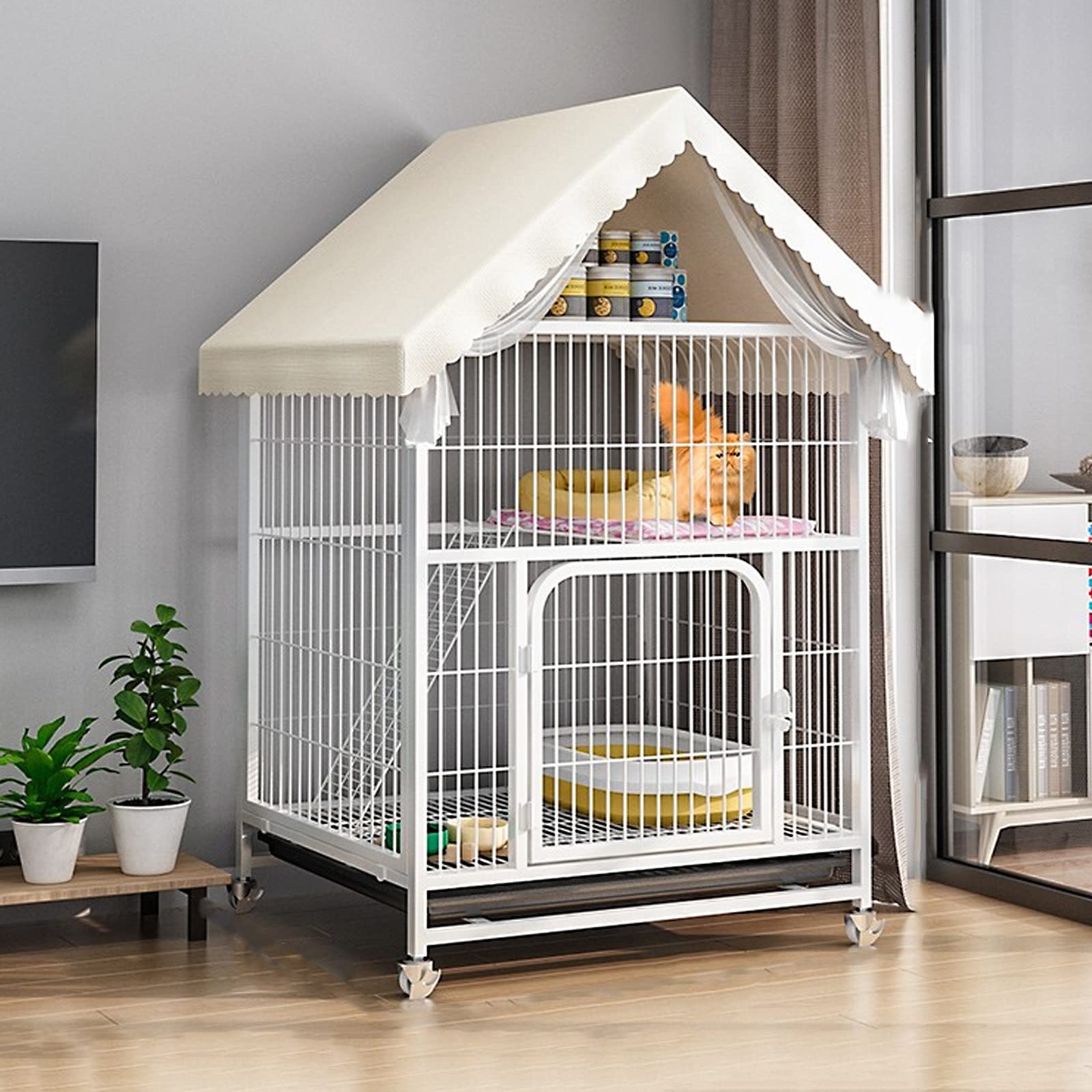猫 ケージ 2段 キャスター付き 大容量、取り外し可能 屋根付き、トレイ付き 猫用ケージ 大型 動物用ケージ 組立簡単 折り畳み式 移動便利 シンプル 猫のゲージ (Size : 78*55*140-w cm)