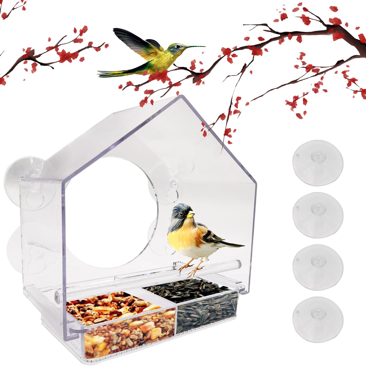 窓用鳥の餌箱 外側透明 PC プラスチック鳥ボックス (20 x 11 x 20cm) 吊り下げ吸盤付き、取り外し可能なトレイと排水穴付き 庭 屋外 裏庭 野生動物 小鳥用