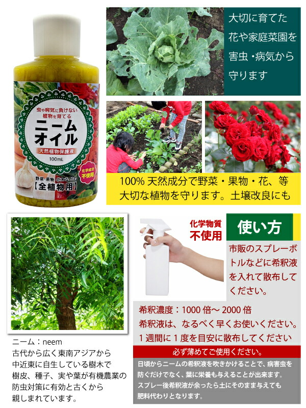 楽天市場 ニームオイル 100ml 天然植物保護液 虫除け 無農薬 害虫駆除 害虫対策 バラ 薔薇 日本製 ニームオイル原液 Kichi Kiche