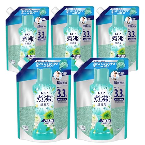 Lenor レノア 煮沸レベル超消臭* 抗菌ビーズ FRESH 太陽とフレッシュグリーンの香り 詰め替え 1410mL×5袋[ケース品] 柔軟剤