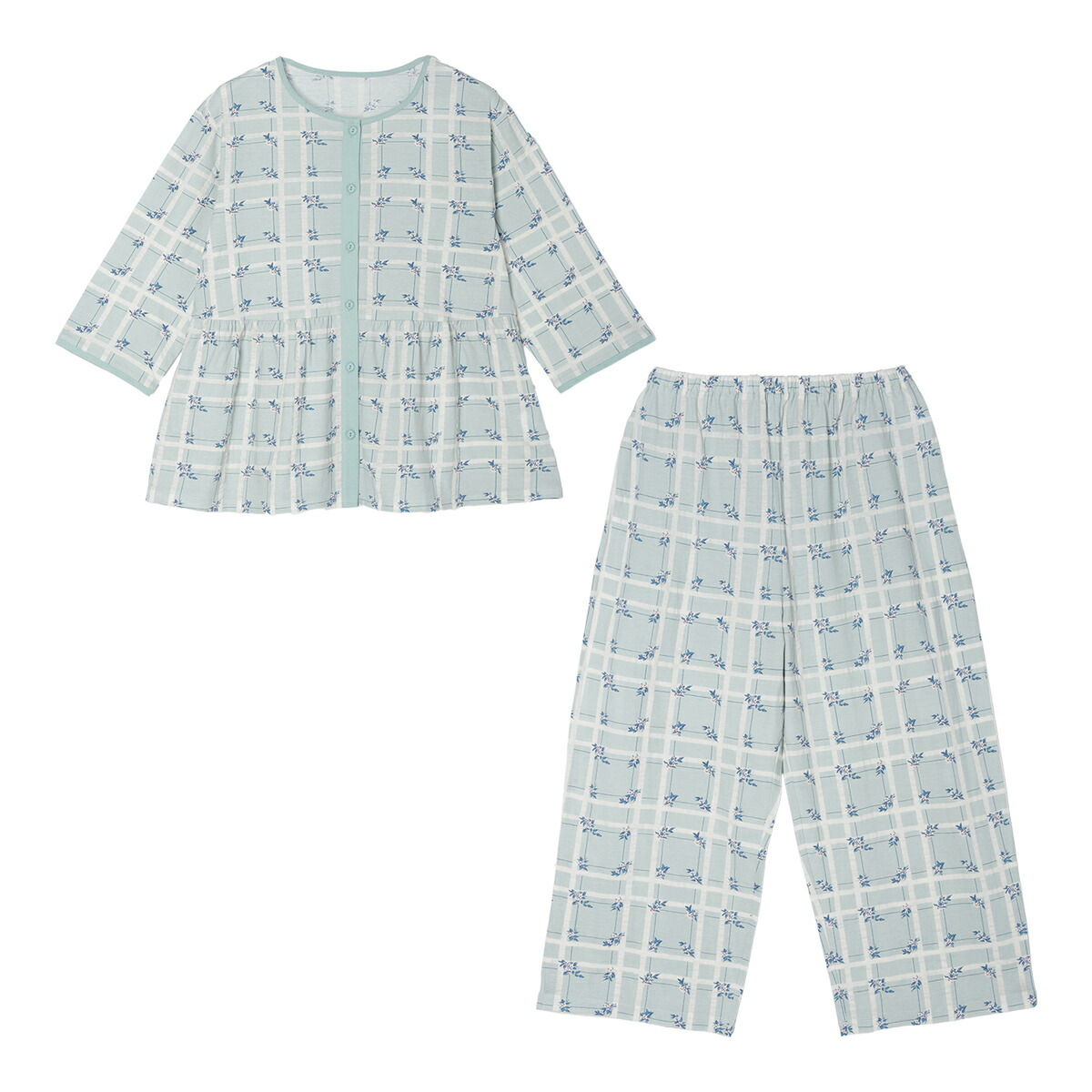 KID BLUE / 小わっぱ青色  リップルチェックフラワー天竺[7分袖パジャマ] レディース-ナイトウェア・ルームウェア-インナー・下着・ナイトウェア