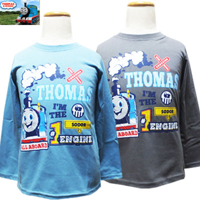 【ネコポスOK】　THOMAS　きかんしゃトーマス　男の子　プリント　長袖Tシャツ　　チャコールグレー、ブルー　100cm、110cm、120cm　子供、子供服、キッズ画像