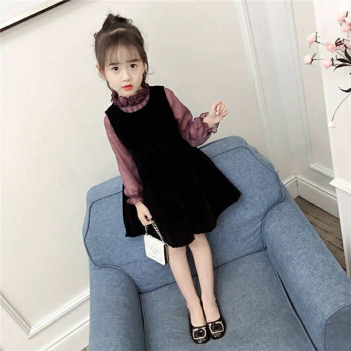 女の子 フリル ワンピース ノンスリーブ パープルトップス ブラック チュール かわいい リボン