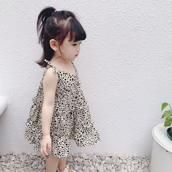 女の子 水玉 ガーリー 肩ひも シャワードット柄 3段切り替え キャミソールワンピース