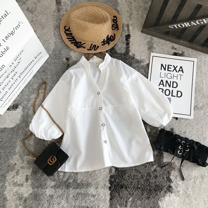 親子お揃い 女の子 綿 コットン 白 太ベルト ハイウエスト バルーン袖 ブラウス スタンドカラー