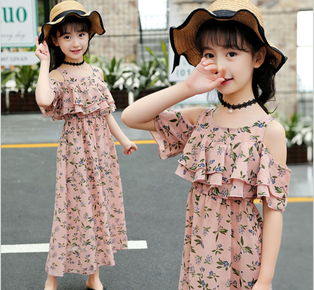 楽天市場 ワンピース オフショルダー ロングワンピース 子供服 女の子 上品 キッズ キャミワンピース 肩出し 花柄 夏 海 シフォン素材 フリル 1cm 130cm 140cm 150cm 160cm 子供服 アイ