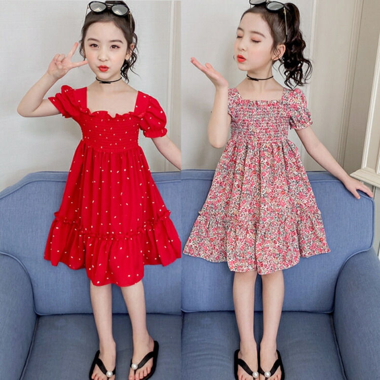 楽天市場 ワンピース 子供ワンピース 花柄ワンピース スクエアネック Aライン 女の子 キッズ服 フリル 半袖 レッド ピンク シフォン生地 カジュアル 夏 発表会 結婚式 誕生日会 子供服 アイ
