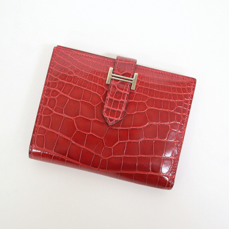 中古 エルメス HERMES ベアンコンパクト ルージュトマト/パラジウム金具 ヴォーエプソン ユニセックス 二つ折り財布 エルメスベアン コンパクト オレンジ パラジウム金具 □H刻印(2004年頃