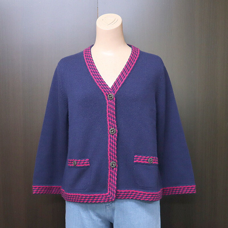 CHANEL シャネル チェーンツイードリブニットカーディガン P38537K02643 ダークネイビー系 42 IT4L04T776IY CHANEL - CHANEL シャネル チェーンツイードリブニット