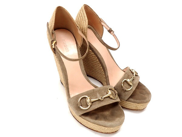 海外最新 送料込 Gucci グッチ サンダル ホースビット サイズ 37 約24cm ベージュ カーキ スエード ウエッジソール ストロー 靴 シューズ レディース 271k12 中古 ブランドショップドリーム 安いそれに目立つ Aircomo Com