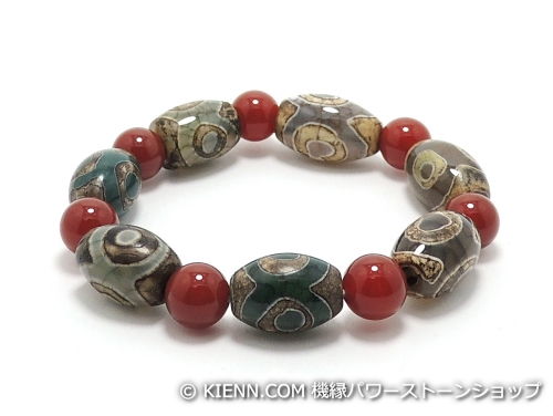 エスニックブレスレット・アジアンパワーストーン チベット天珠(三眼)AAAAナツメ玉14ミリ レッドアゲートAAAA8ミリ 金運・魔除・厄除 [サイズ選べる][日本製][送料無料] (11168)