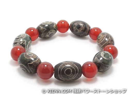 エスニックブレスレット・アジアンパワーストーン チベット天珠(三眼)AAAAナツメ玉16ミリ レッドアゲートAAAA10ミリ 金運・魔除・厄除 [サイズ選べる][日本製][送料無料] (11169)