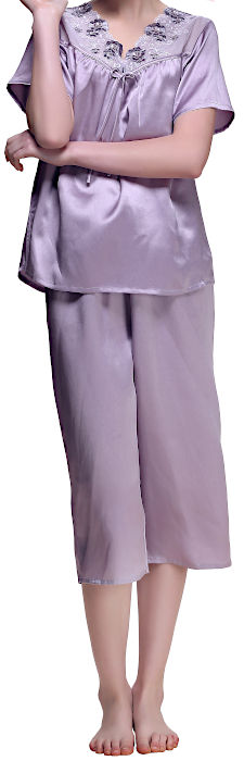 【M/L】地絹 パジャマ レディース 16.5匁地絹100% 半袖 夏用 【 花 刺しゅう 】 紫色 パープル 絹 【 貨物輸送無料 】 母の日 敬老の日 差し上げ物 差し上げ物 【 smtb-KD 】 【 楽ギフ_荷造り選りわける 】 相応う 【 RCP 】