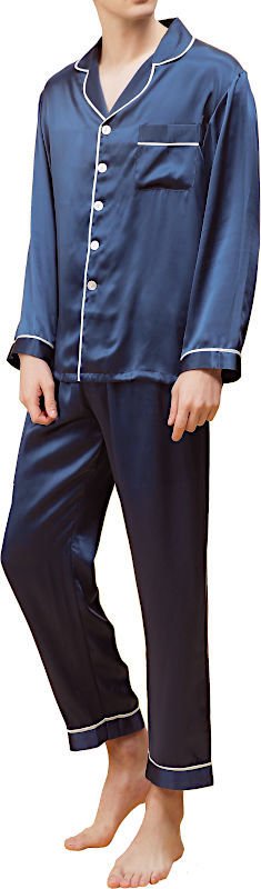 【XL】シルク パジャマ メンズ 長袖 16.5匁シルク100% 冬用 無地 紺色 ネイビー 絹100% サテン 寝巻 ナイトウェアー ルームウェア 【 送料無料 】 父の日 敬老の日 プレゼント ギフト 対応|シルク専門店【きごころ屋】