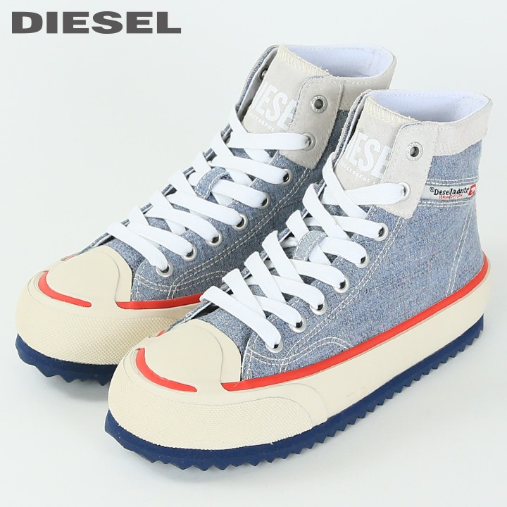 ディーゼル ショートブーツ DIESEL 水色 スカイブルー スニーカーブーツ D-HAMMER CH MD D-Hammer-Chelsea boot in washed denim｜ブルー
