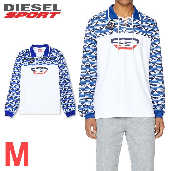 ■DIESEL SPORT ディーゼルスポーツ メンズ■55DSL レースアップネック 切替 吸湿発散 長袖ポロシャツ【AMST-BARABELL-HT22】【サイズM】【ホワイト×ブルー】die-m-t-f8-752 《メーカー希望小売価格30,800円》