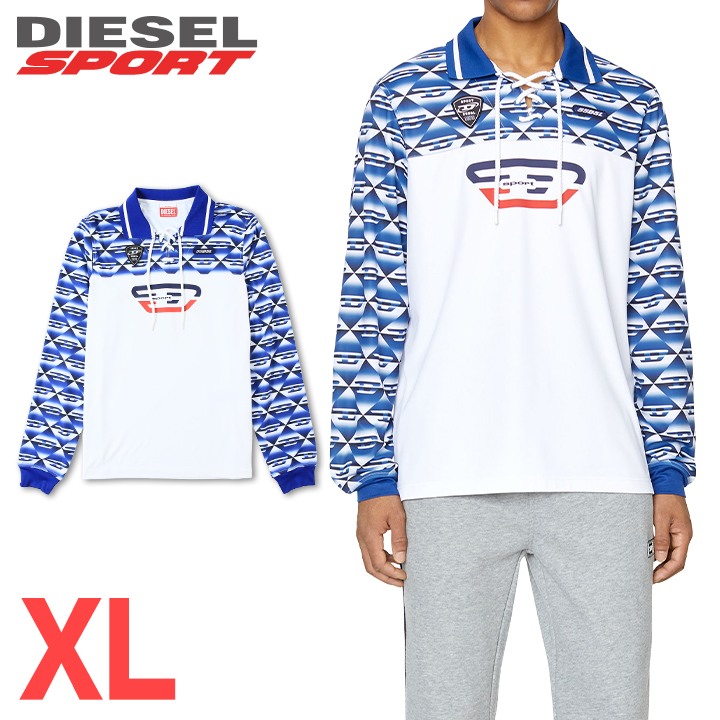 ■DIESEL SPORT ディーゼルスポーツ メンズ■55DSL レースアップネック 切替 吸湿発散 長袖ポロシャツ【AMST-BARABELL-HT22】【サイズXL】【ホワイト×ブルー】die-m-t-f8-754 《メーカー希望小売価格30,800円》