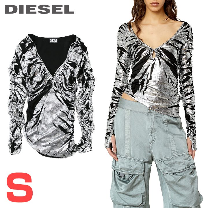 ★DIESEL ディーゼル レディース★金属元素箔厚地の外套刷り上げる オーバルD金属元素ロゴタイプ 非対称 深V 長袖カットソー【T-RITY】【大きさS】【しろがね色×黒いこと】die-l-t-g4-27a 《製造業者願望すること受け売り通貨価値46,200円》