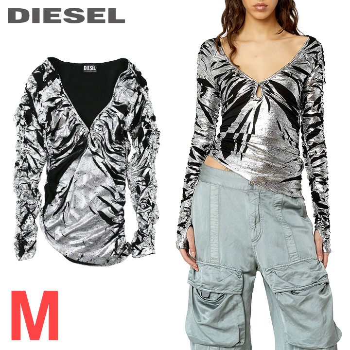 ★DIESEL ディーゼル レディース★金属元素箔厚地の外套刷り上げる オーバルD金属元素ロゴタイプ 非対称 深V 長袖カットソー【T-RITY】【大きさM】【しろがね色×黒いこと】die-l-t-g4-27c 《製造業者願望すること受け売り通貨価値46,200円》