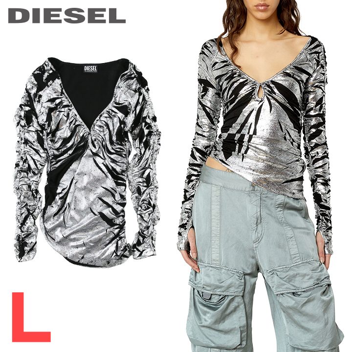 ★DIESEL ディーゼル レディース★金属元素箔厚地の外套刷り上げる オーバルD金属元素ロゴタイプ 非対称 深V 長袖カットソー【T-RITY】【大きさL】【しろがね色×黒いこと】die-l-t-g4-27d 《製造業者願望すること受け売り通貨価値46,200円》