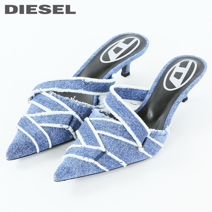 ★DIESEL ディーゼル レディース★ダメージ加工デニム ポインテッドトゥ キトンヒールミュール 靴【D-KITTIE-ML】【日本サイズ23.0～26.0】【インディゴブルー】die-l-k-g4-406 《_メーカー希望小売価格74,800円》