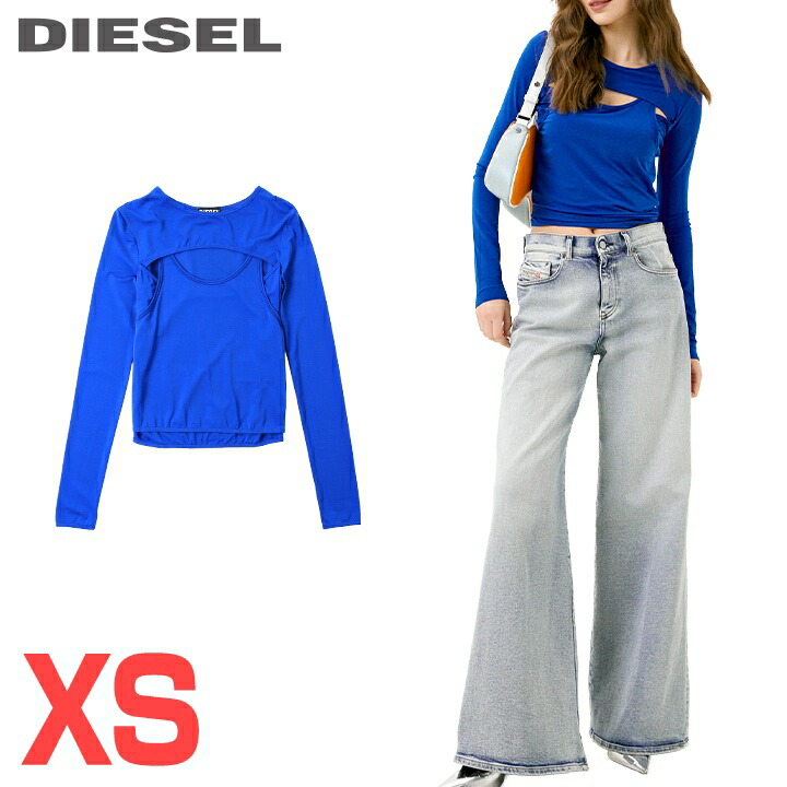 ★DIESEL ディーゼル レディース★ワンポイントロゴタイプ刺しゅう 花の冠yd 伸ばすこと 長袖ジャージーカットソー【T-OLAY】【大きさXS】【青色】die-l-t-g4-280 《製造業者願望すること受け売り通貨価値31,900円》