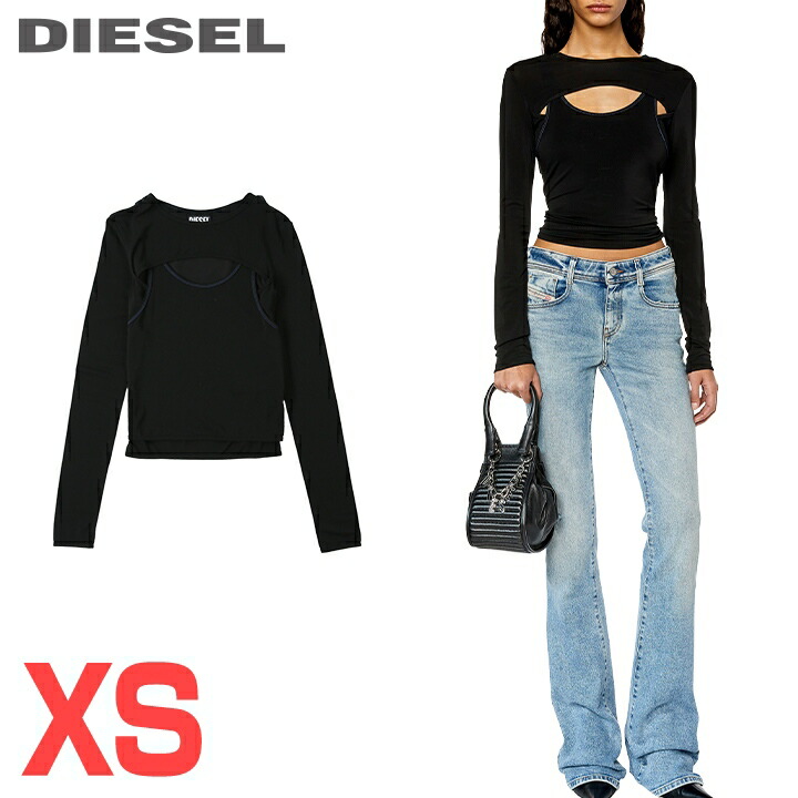 ★DIESEL ディーゼル レディース★ワンポイントロゴタイプ刺しゅう 花の冠yd 伸ばすこと 長袖ジャージーカットソー【T-OLAY】【大きさXS】【黒いこと】die-l-t-g4-284 《製造業者願望すること受け売り通貨価値31,900円》