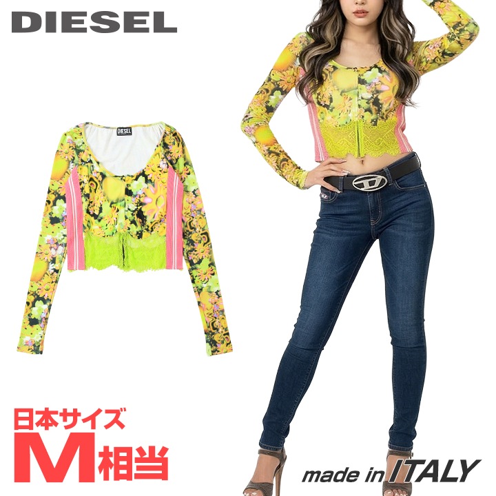 ★DIESEL ディーゼル レディース★ボタニカル柄 サイドライン切替 レース切替 長袖カットソー【T-MUMBI】【サイズ42】(M相当)【イエロー系】die-l-t-g4-2e4 《メーカー希望小売価格80,300円》