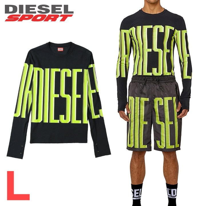 ■DIESEL SPORT ディーゼルスポーツ メンズ■ロゴプリント 吸汗速乾 トレーニング 長袖Tシャツ カットソー【AMTEE-LAUREN-WT17】【サイズL】【ブラック×ライムグリーン】die-m-t-g4-55c 《メーカー希望小売価格23,100円》