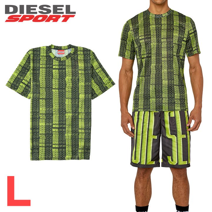 ■DIESEL SPORT ディーゼル運動競技 メンズ■総柄ロゴタイプ刷り上げる 吸汗速乾 形づくる 半袖ティーシャツ カットソー【AMTEE-LANDON-HT27】【大いさL】【黒いこと×菩提樹緑であること】die-m-t-g4-569 《製造業者願望すること請け売り必要経費19,800円》 メンズファッション-トップス